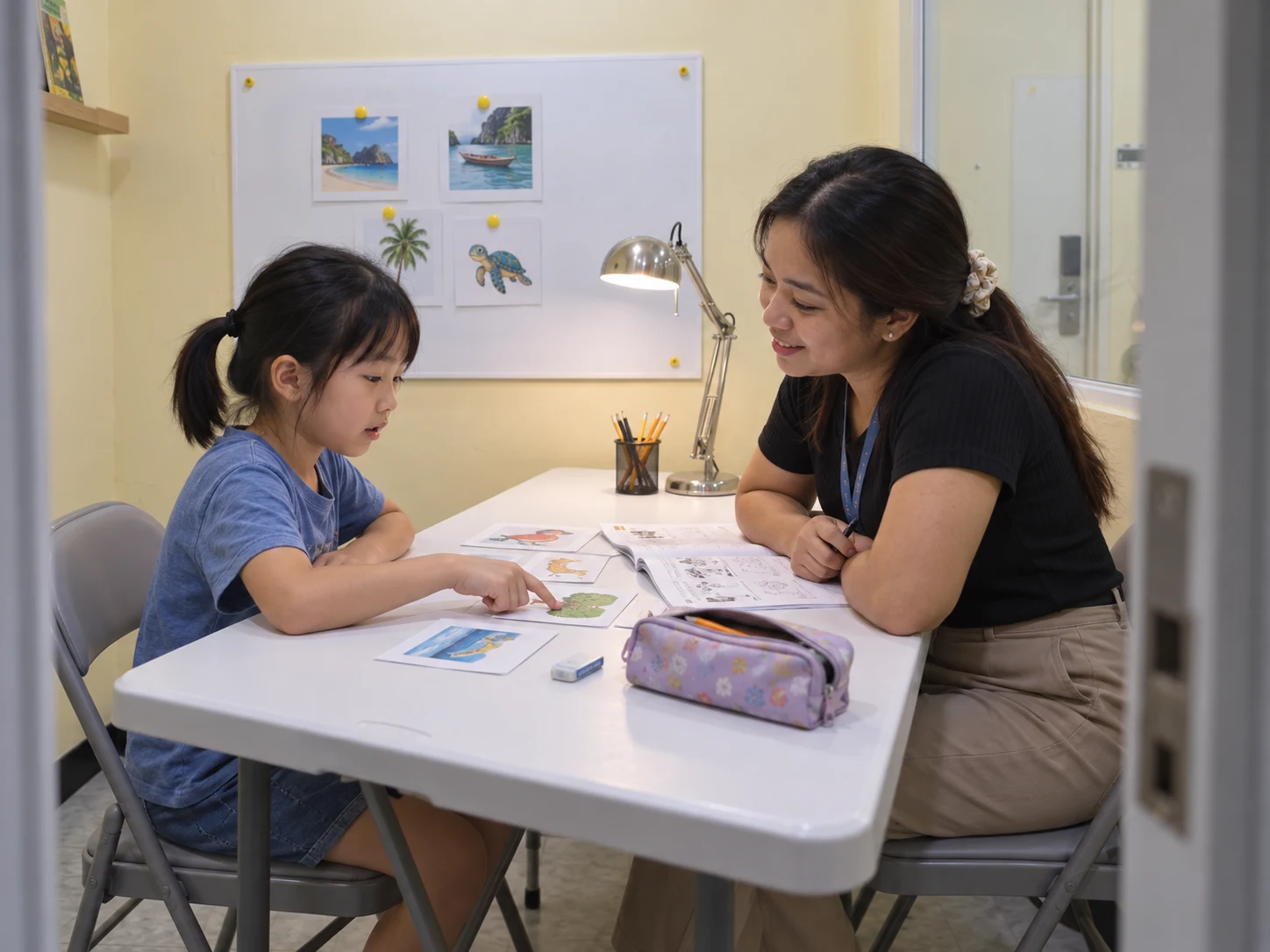 Illustration of a child practising English with a teacher in a small 1 on 1 classroom.