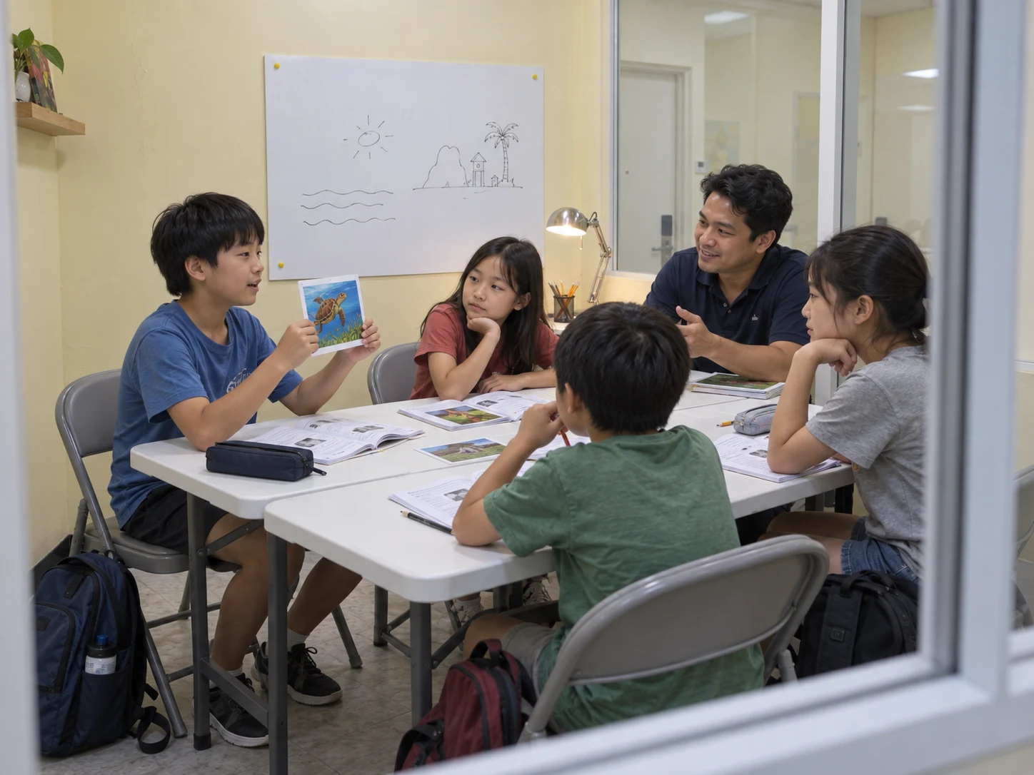 Illustration of four children discussing picture cards with a teacher in a small group class.