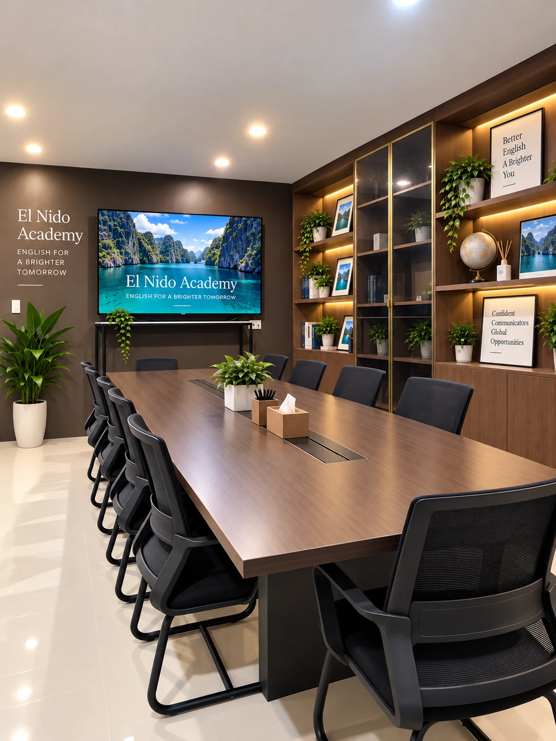 Group classroom with a long table, office chairs and a display screen